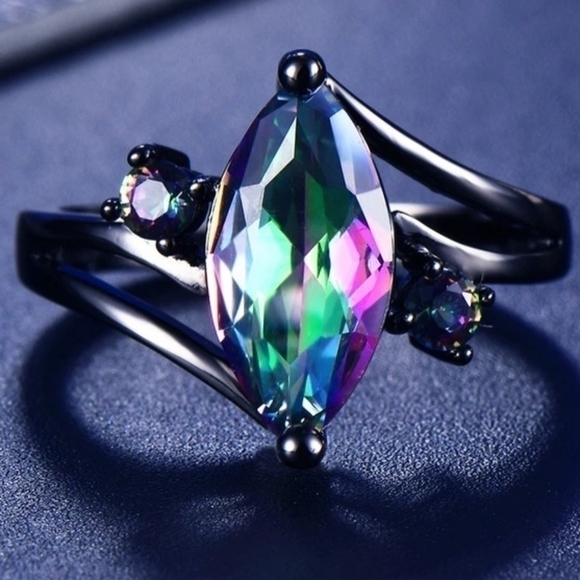 Women Marquise Cut Rainbow, Ring 14KT Black Gold - Picture 3 of 5